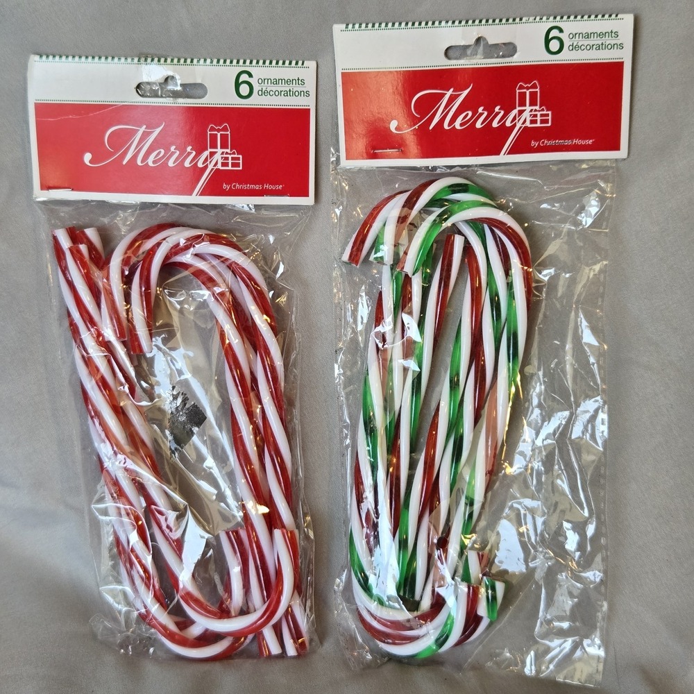 Lot of 2 Sets Of 6 Christmas House Merry Plastic Candy Cane Ornaments 6"